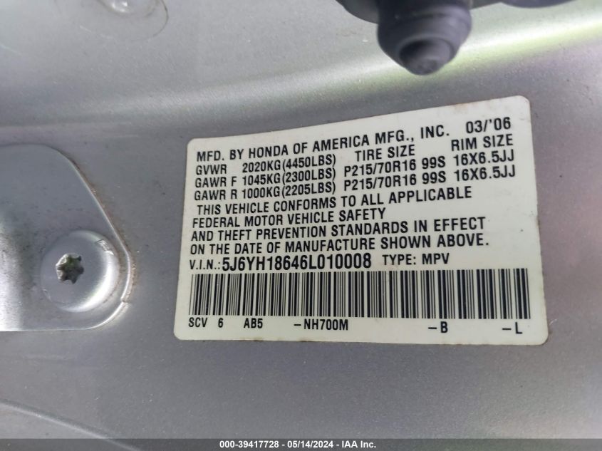 2006 Honda Element Ex VIN: 5J6YH18646L010008 Lot: 39417728
