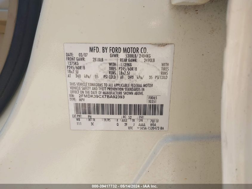 2007 Ford Edge Sel Plus VIN: 2FMDK39CX7BA92393 Lot: 39417732