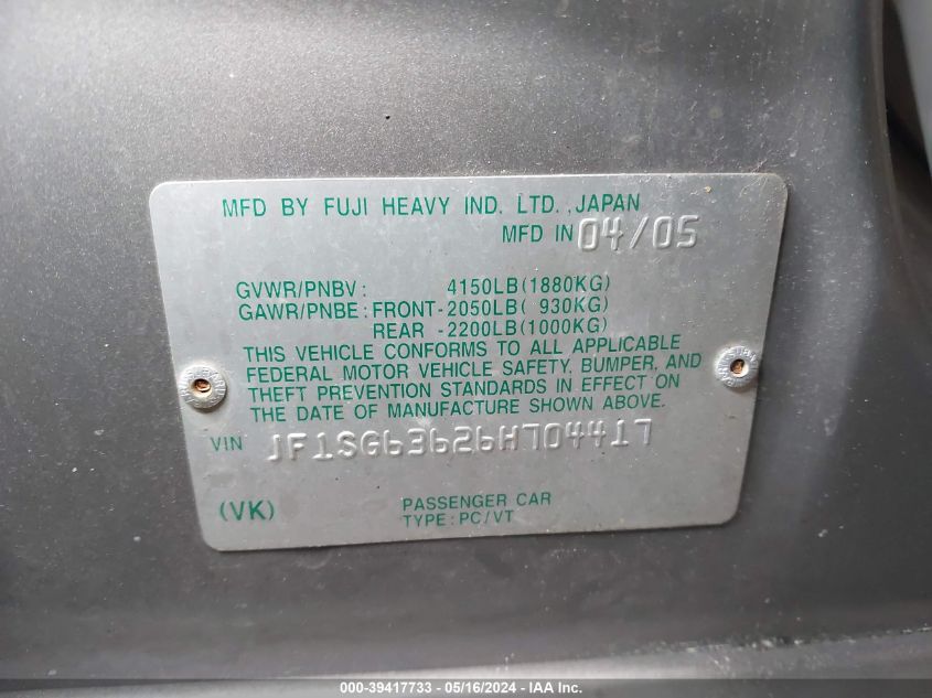 2006 Subaru Forester 2.5X VIN: JF1SG63626H704417 Lot: 39417733