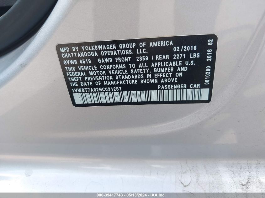 2016 Volkswagen Passat 1.8T Se VIN: 1VWBT7A32GC031287 Lot: 39417743