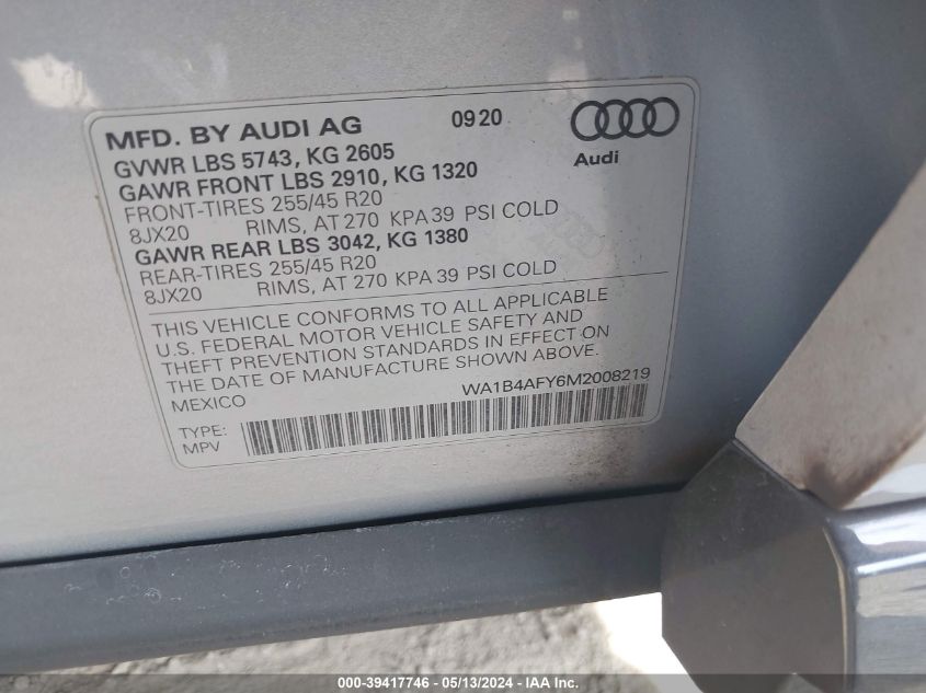 2021 Audi Sq5 Premium Plus Tfsi Quattro Tiptronic VIN: WA1B4AFY6M2008219 Lot: 39417746