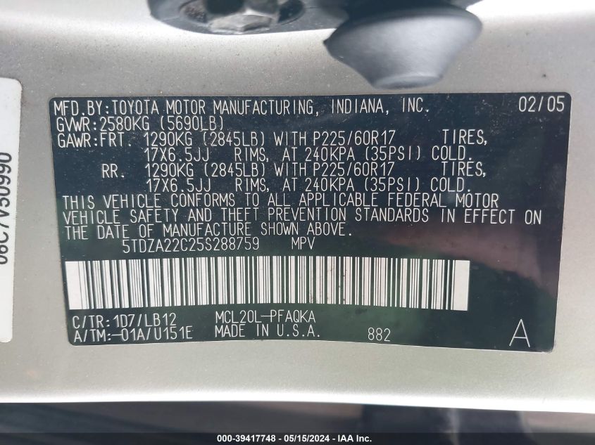 2005 Toyota Sienna Xle VIN: 5TDZA22C25S288759 Lot: 39417748