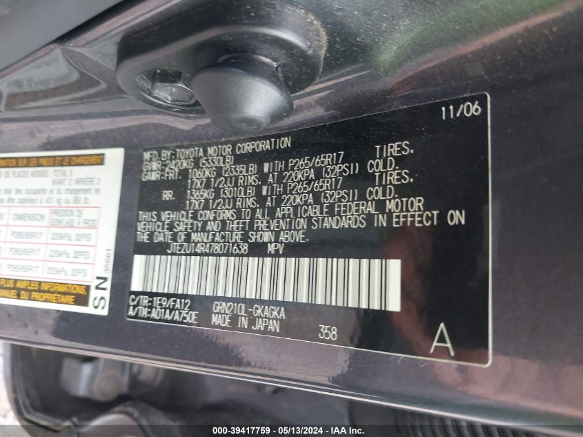 2007 Toyota 4Runner Sr5 V6 VIN: JTEZU14R478071638 Lot: 39417759