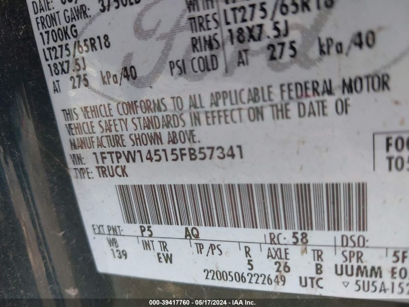 2005 Ford F-150 Fx4/Lariat/Xlt VIN: 1FTPW14515FB57341 Lot: 39417760