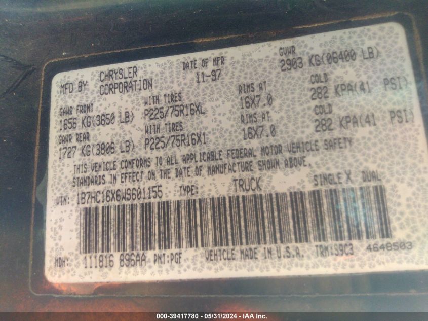 1998 Dodge Ram 1500 St/Ws VIN: 1B7HC16X6WS601155 Lot: 39417780