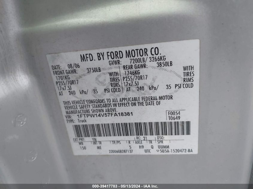 2007 Ford F-150 Fx4/Lariat/Xlt VIN: 1FTPW14V57FA18381 Lot: 39417783