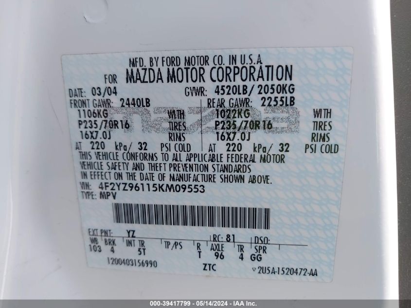 2005 Mazda Tribute S VIN: 4F2YZ96115KM09553 Lot: 39417799