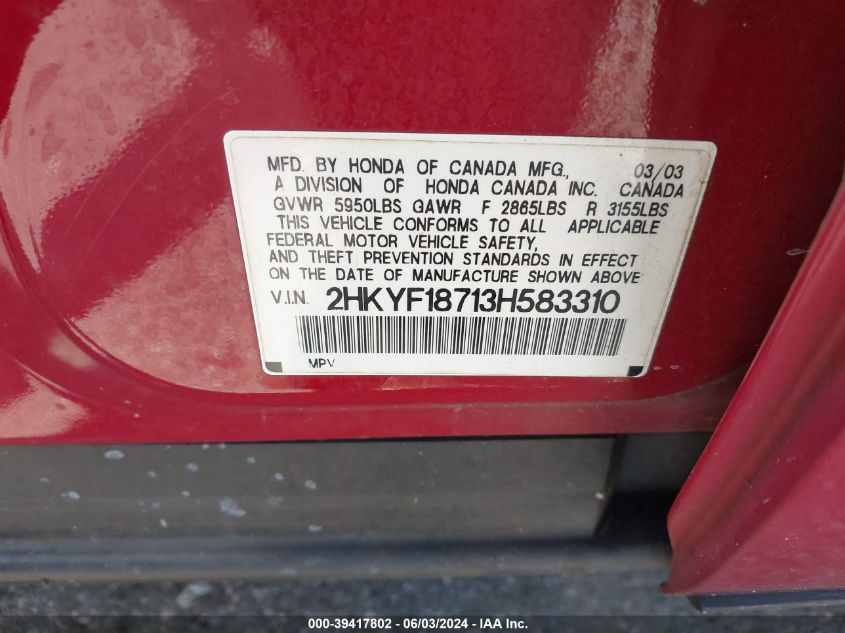 2003 Honda Pilot Ex-L VIN: 2HKYF18713H583310 Lot: 39417802