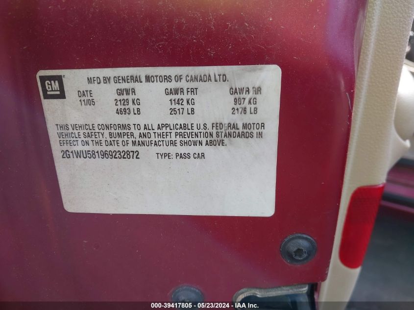 2006 Chevrolet Impala Ltz VIN: 2G1WU581969232872 Lot: 39417805