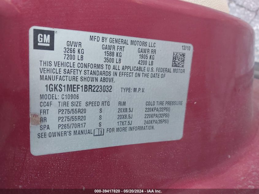 2011 GMC Yukon Xl 1500 Denali VIN: 1GKS1MEF1BR223032 Lot: 39417820