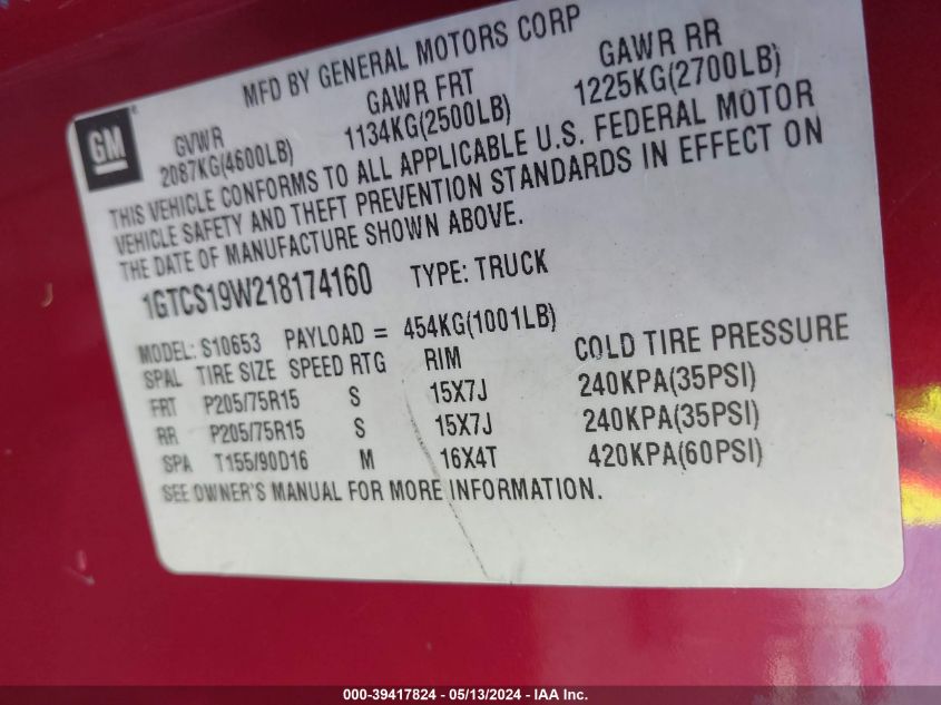 2001 GMC Sonoma Sls W/1Sg Pkg VIN: 1GTCS19W218174160 Lot: 39417824
