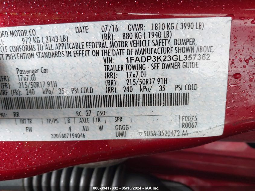 2016 Ford Focus Se VIN: 1FADP3K23GL357362 Lot: 39417832
