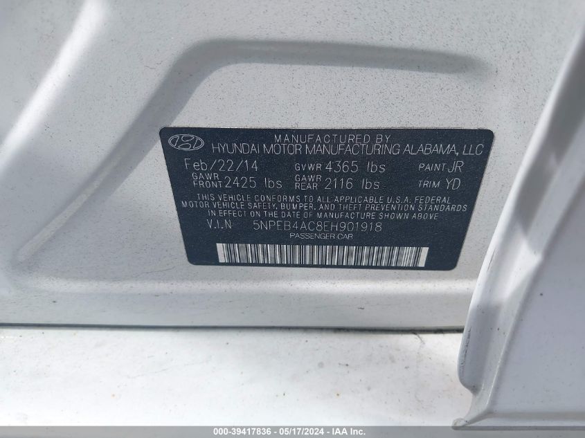 2014 Hyundai Sonata Gls VIN: 5NPEB4AC8EH901918 Lot: 39417836