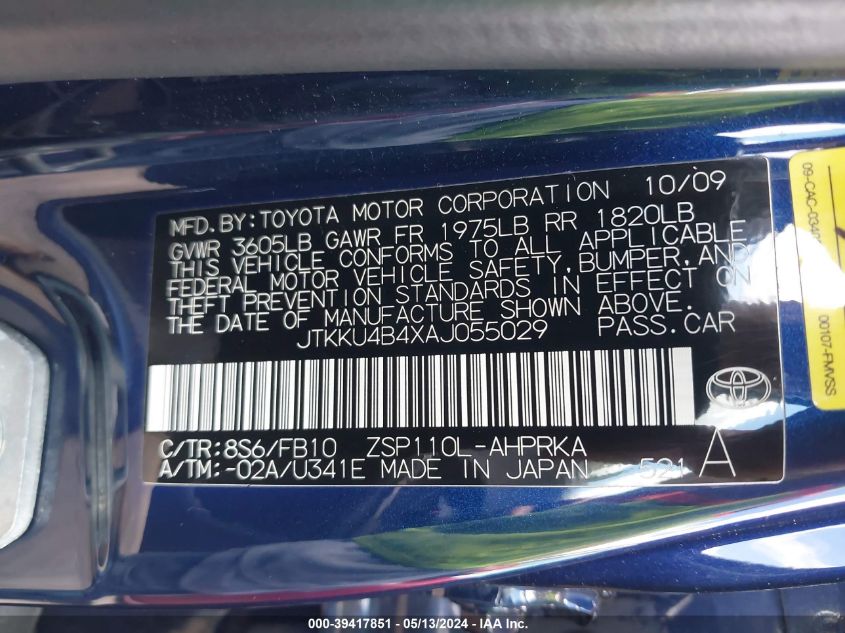 2010 Scion Xd VIN: JTKKU4B4XAJ055029 Lot: 39417851