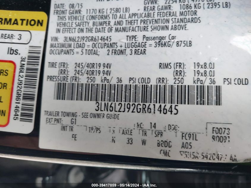 2016 Lincoln Mkz VIN: 3LN6L2J92GR614645 Lot: 39417859