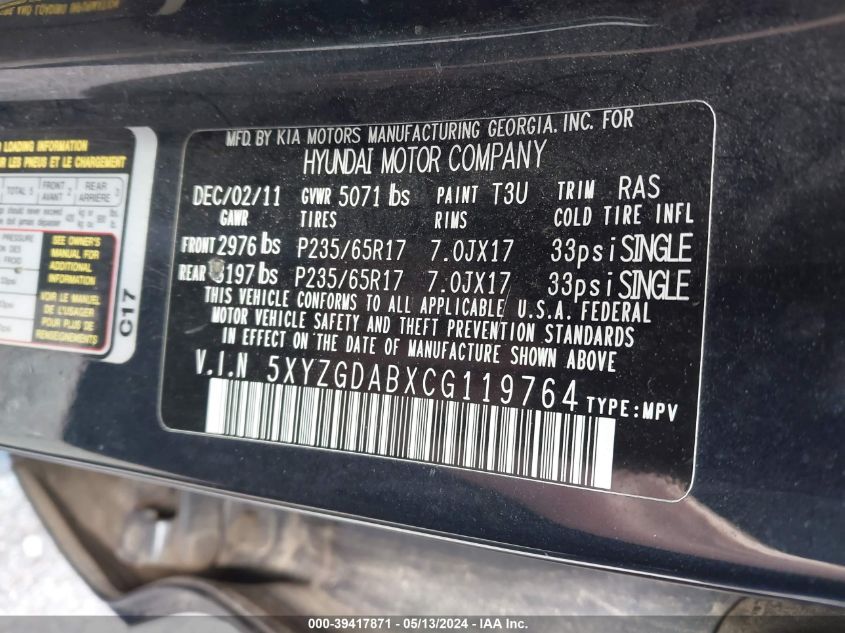 2012 Hyundai Santa Fe Gls VIN: 5XYZGDABXCG119764 Lot: 39417871