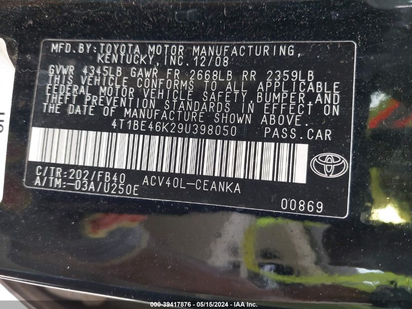 2009 Toyota Camry VIN: 4T1BE46K29U398050 Lot: 39417876