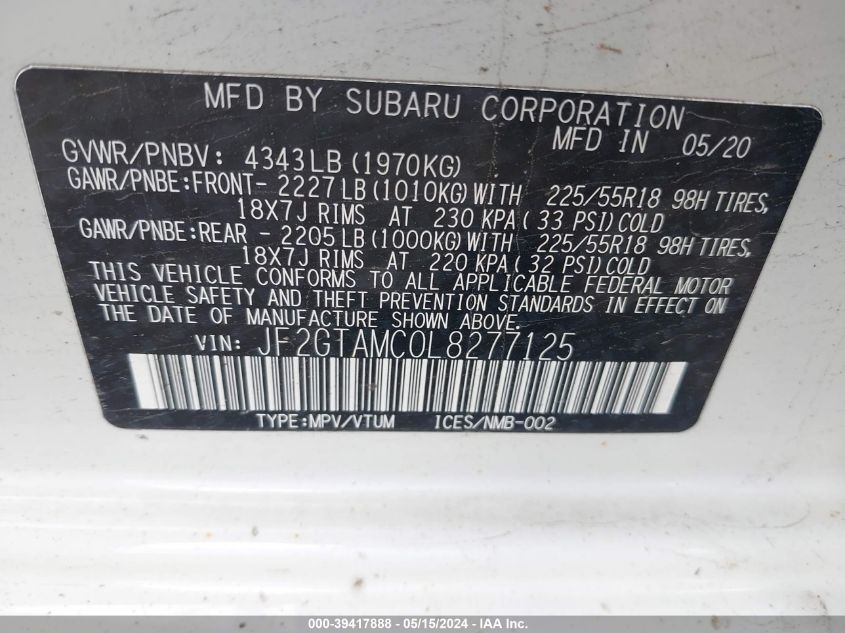 2020 Subaru Crosstrek Limited VIN: JF2GTAMC0L8277125 Lot: 39417888