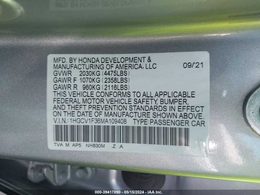 2021 Honda Accord Sport VIN: 1HGCV1F36MA109408 Lot: 39417890