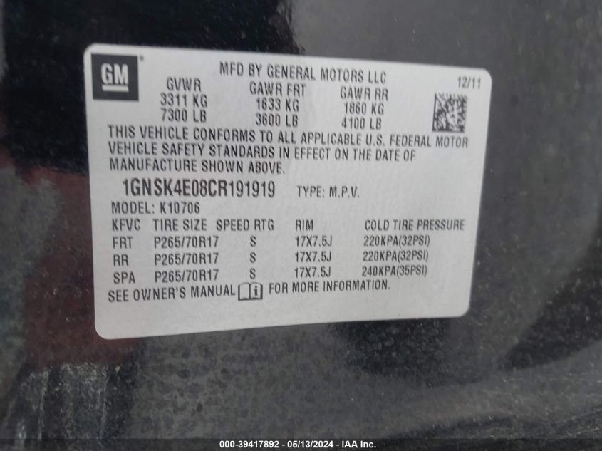 2012 Chevrolet Tahoe Commercial Fleet VIN: 1GNSK4E08CR191919 Lot: 39417892
