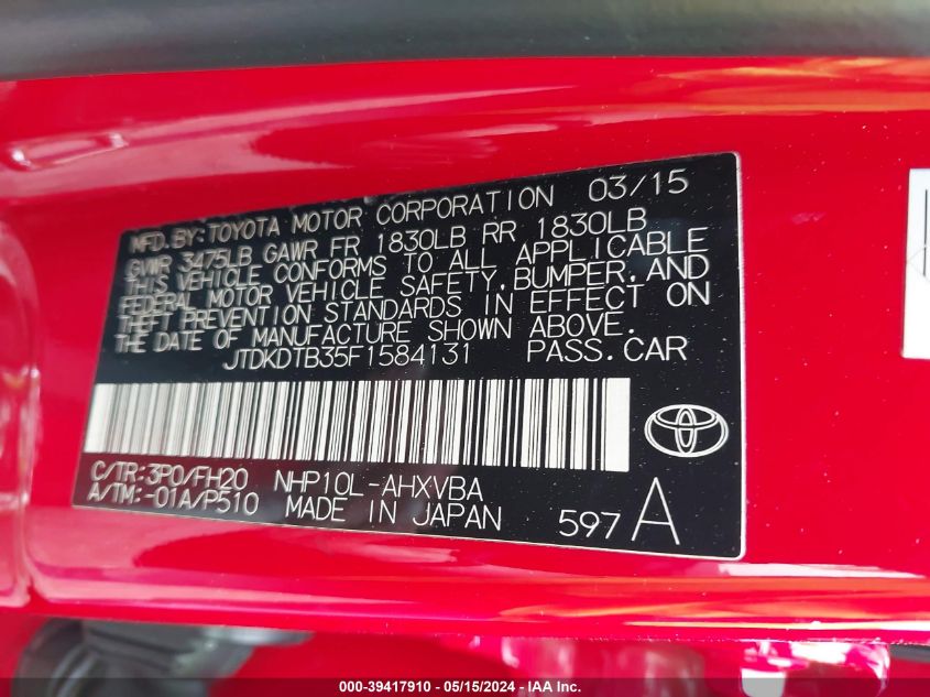 2015 Toyota Prius C VIN: JTDKDTB35F1584131 Lot: 39417910