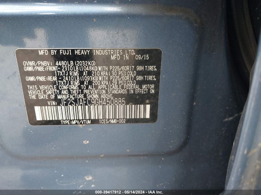 2016 Subaru Forester 2.5I Premium VIN: JF2SJAFC9GH450885 Lot: 39417912