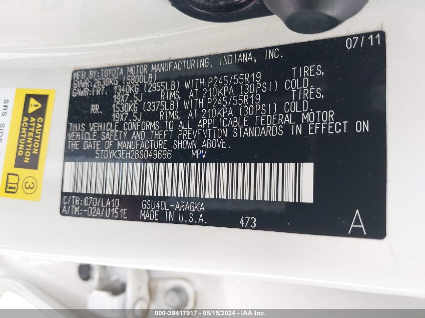 2011 Toyota Highlander Limited V6 VIN: 5TDYK3EH2BS049696 Lot: 39417917