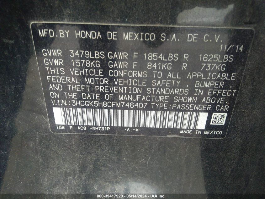 2015 Honda Fit Ex/Ex-L VIN: 3HGGK5H80FM746407 Lot: 39417920