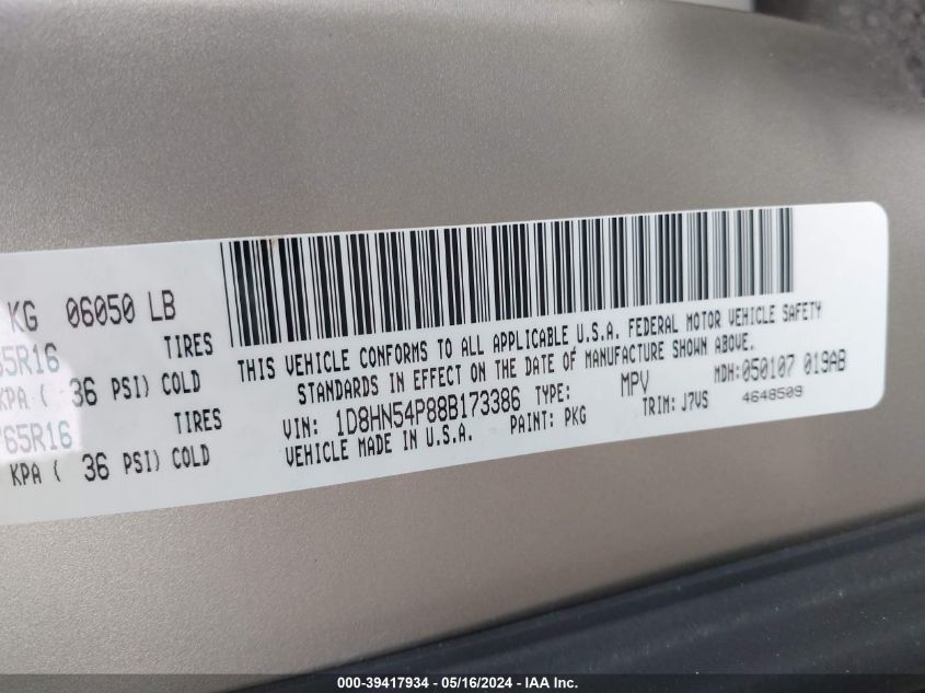 2008 Dodge Grand Caravan Sxt VIN: 1D8HN54P88B173386 Lot: 39417934