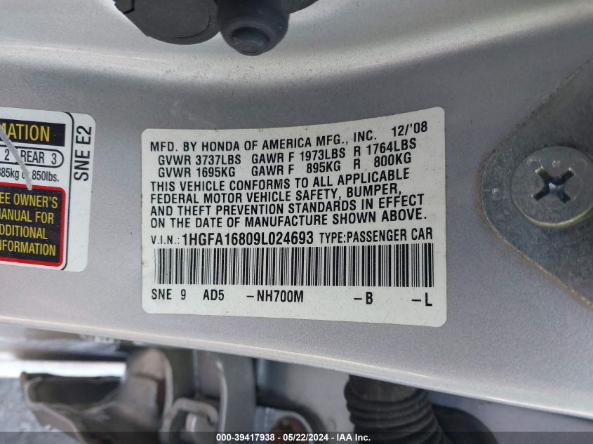 2009 Honda Civic Ex VIN: 1HGFA16809L024693 Lot: 39417938