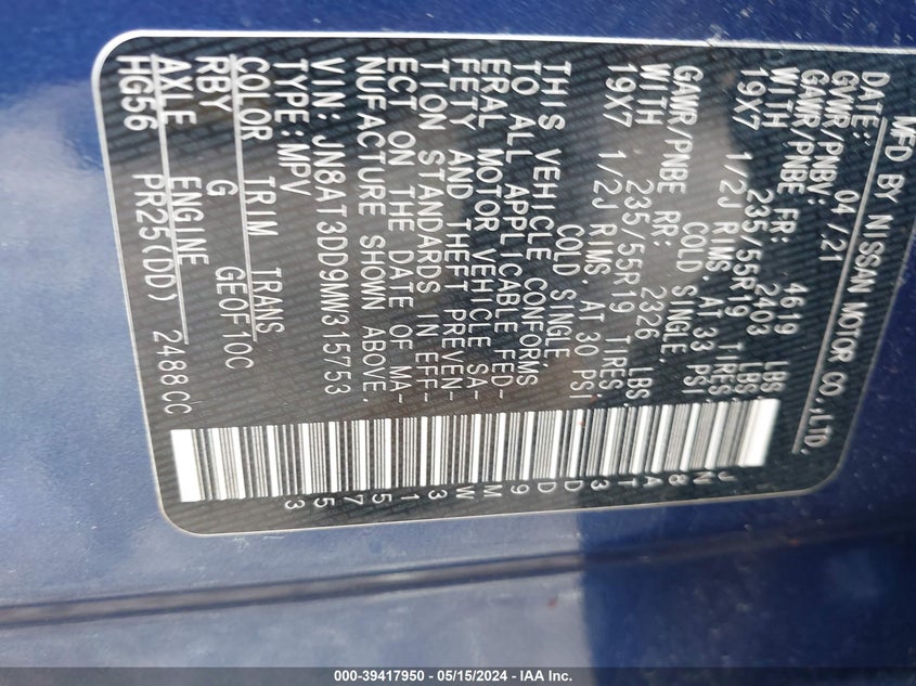 2021 NISSAN ROGUE PLATINUM INTELLIGENT AWD - JN8AT3DD9MW315753