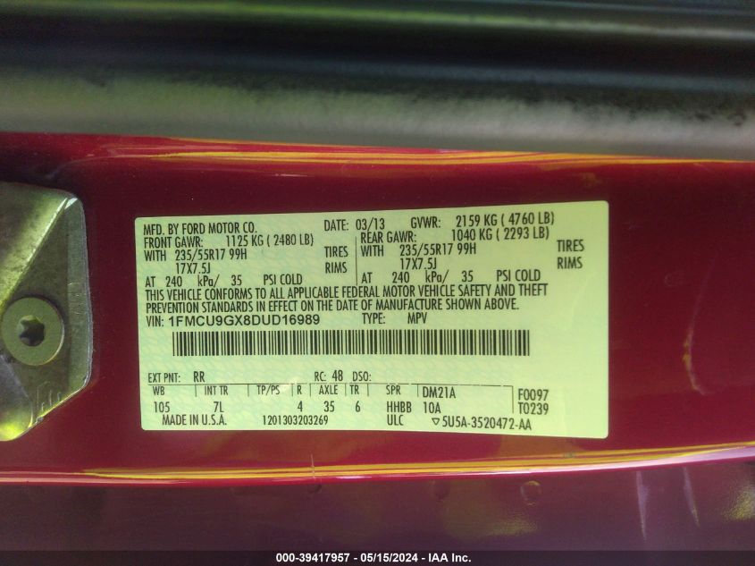 2013 Ford Escape Se VIN: 1FMCU9GX8DUD16989 Lot: 39417957