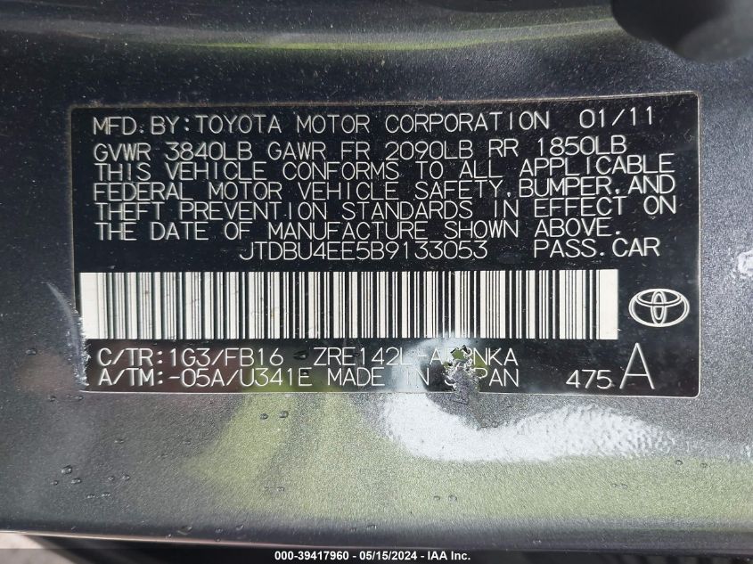 2011 Toyota Corolla Le VIN: JTDBU4EE5B9133053 Lot: 39417960