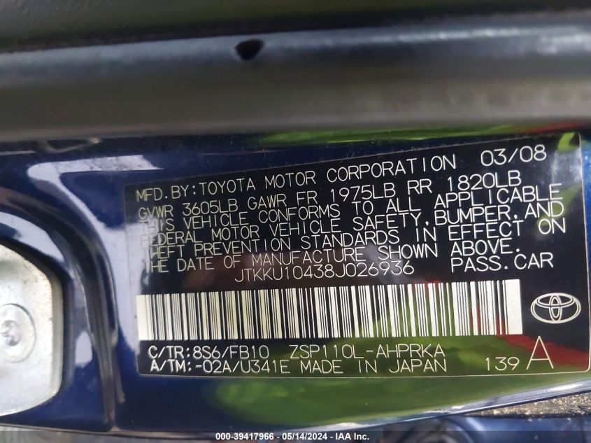 2008 Scion Xd VIN: JTKKU10438J026936 Lot: 39417966