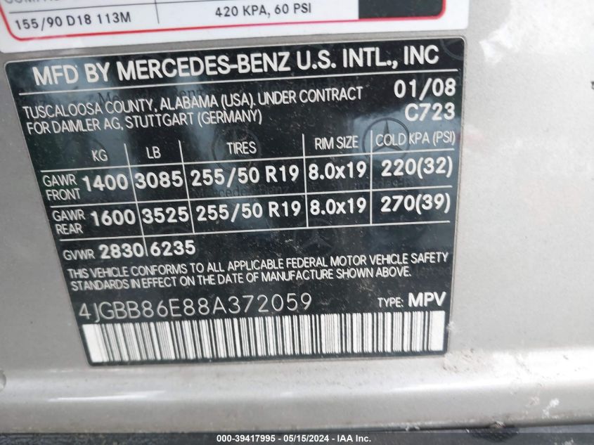 4JGBB86E88A372059 2008 Mercedes-Benz Ml 350 4Matic