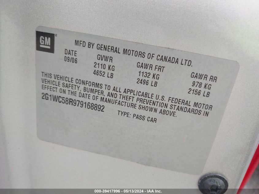 2007 Chevrolet Impala Lt VIN: 2G1WC58R979168892 Lot: 39417996