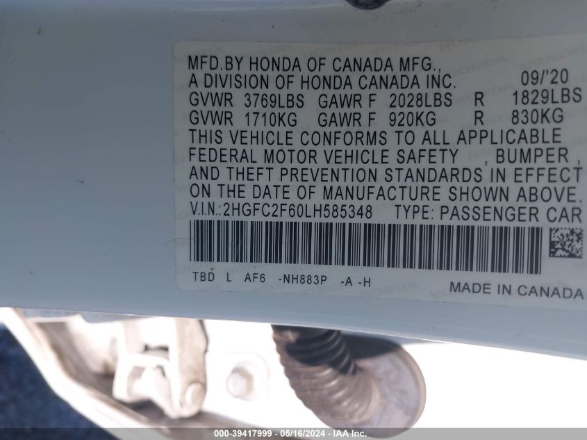 2020 Honda Civic Lx VIN: 2HGFC2F60LH585348 Lot: 39417999