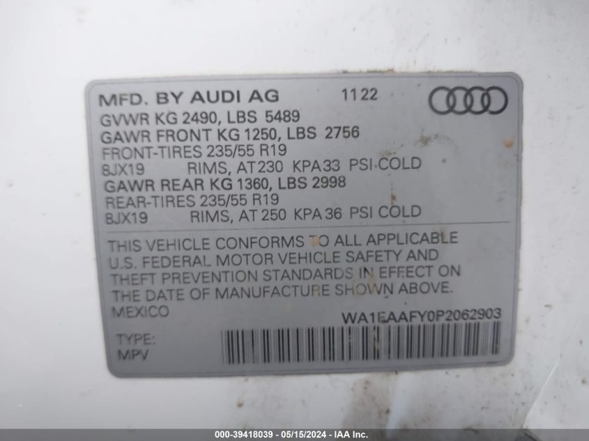 2023 Audi Q5 Premium Plus 45 Tfsi S Line Quattro VIN: WA1EAAFY0P2062903 Lot: 39418039