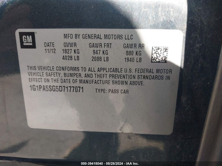 2013 Chevrolet Cruze Ls Auto VIN: 1G1PA5SG5D7177071 Lot: 39418040