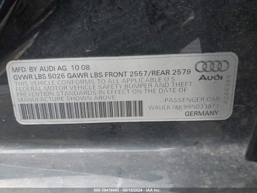 2009 Audi A4 3.2 Premium Plus VIN: WAULK78K99N033971 Lot: 39418043
