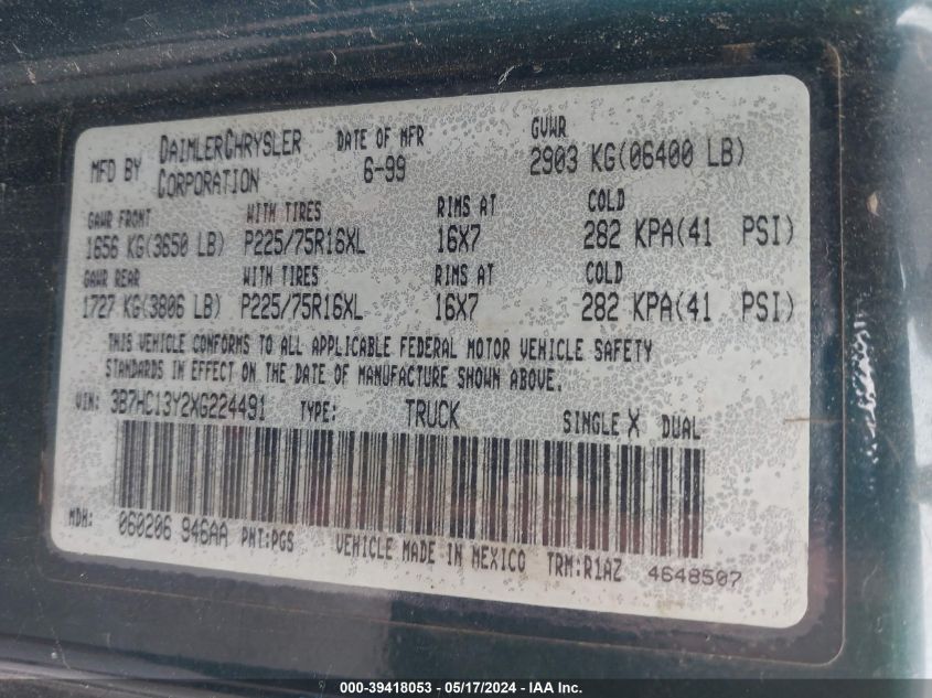 1999 Dodge Ram 1500 St VIN: 3B7HC13Y2XG224491 Lot: 39418053