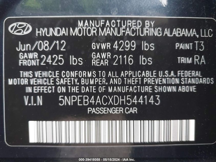 2013 HYUNDAI SONATA GLS - 5NPEB4ACXDH544143