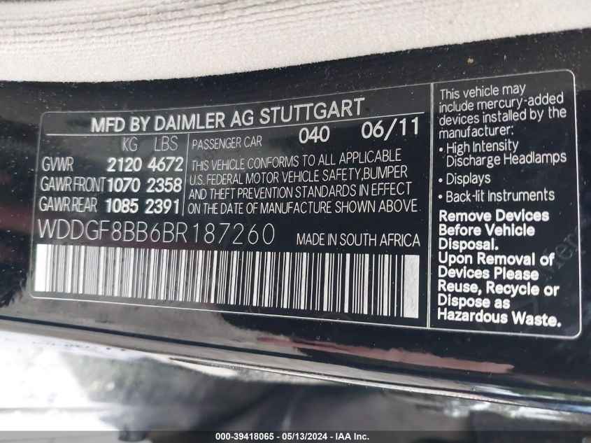 2011 Mercedes-Benz C 300 Luxury 4Matic/Sport 4Matic VIN: WDDGF8BB6BR187260 Lot: 39418065