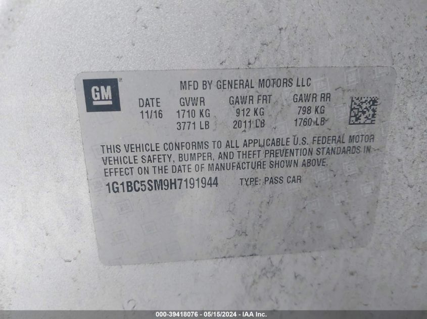 2017 Chevrolet Cruze Ls Auto VIN: 1G1BC5SM9H7191944 Lot: 39418076