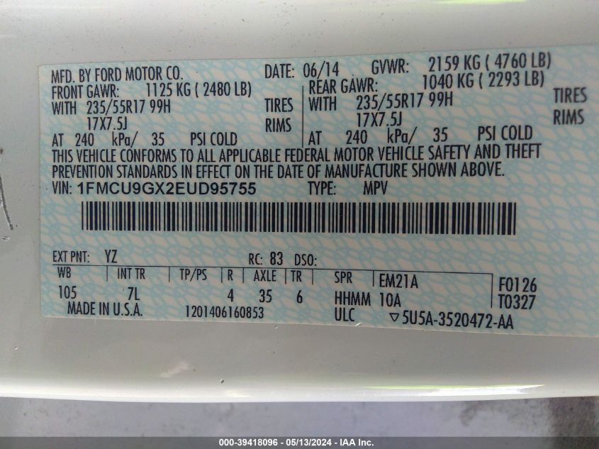 2014 Ford Escape Se VIN: 1FMCU9GX2EUD95755 Lot: 39418096