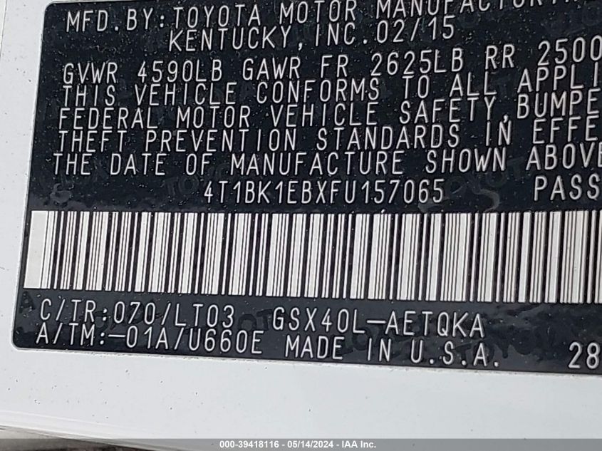 2015 Toyota Avalon Xle Touring VIN: 4T1BK1EBXFU157065 Lot: 39418116