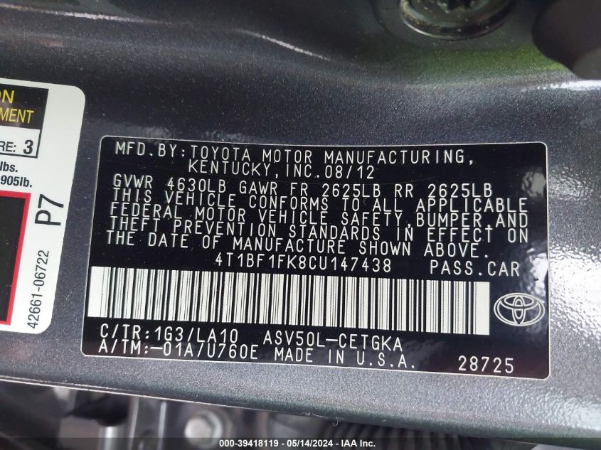 2012 Toyota Camry Xle VIN: 4T1BF1FK8CU147438 Lot: 39418119