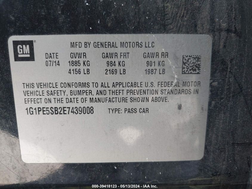 2014 Chevrolet Cruze 2Lt Auto VIN: 1G1PE5SB2E7439008 Lot: 39418123