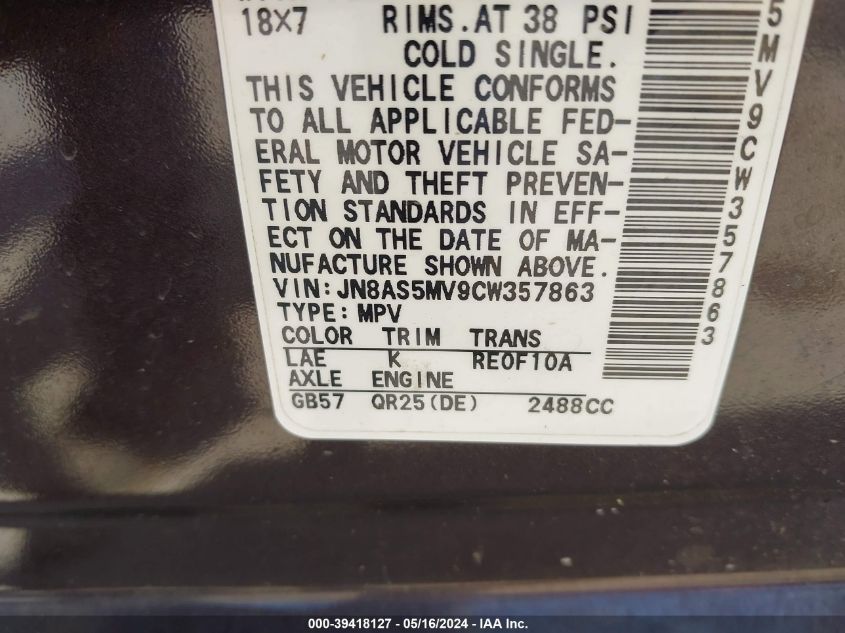 2012 Nissan Rogue Sv W/Sl Pkg VIN: JN8AS5MV9CW357863 Lot: 39418127