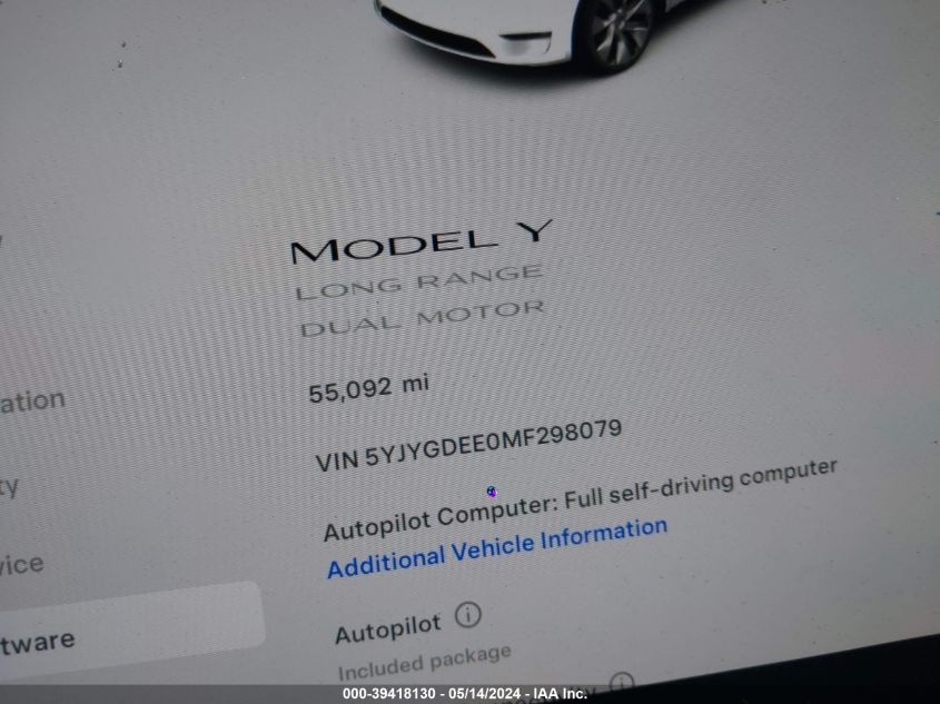 2021 Tesla Model Y Long Range Dual Motor All-Wheel Drive VIN: 5YJYGDEE0MF298079 Lot: 39418130